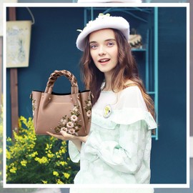 NICOLE & DORIS Women's Embroidered Casual Handbag Tote Bag Faux Leather Shoulder Bag with Braided Handles, khaki, L, Casual