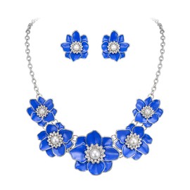 Ever Faith Blue Flower Necklace for Women, Summer Boho Flower Statement Collar Floral Bib Choker Necklaces with Flower Stud Earrings Flower Jewelry