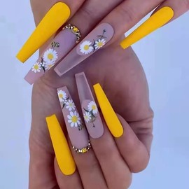 Magrace Press on Nails Long Coffin French Fake Nails with Designs Acrylic Nails Press on 24 pcs Artificial Stick on Nails for Women (A-01)