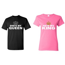 shop4ever She's My Queen - He's My King Couples Matching T-Shirts- Men Medium Black//Women Large Pink