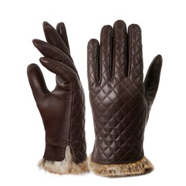 VIKIDEER Winter Warm Cashmere Lining Rabbit Fur Cuffs Leather Gloves for Women Touchscreen Cashmere Lined Coffee Large