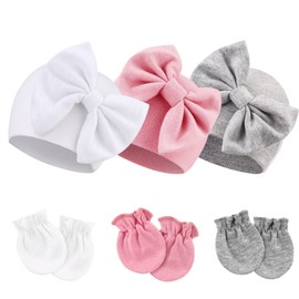 DRESHOW Newborn Baby Hat and Gloves Set Beanie Clothing Unisex Infant Hat Nursery Hat Baby Boys Girls 0-6 Months, 3 Sets H: Bow Hats & Mittens