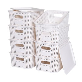 Plastic Storage Baskets with Lid-Plastic Storage Containers Stackable Storage bins: Storage Baskets for Organizing Shelves Drawers Desktop Closet Playroom Classroom Office 8Pack-White,10.2x7.2x4.1Inch