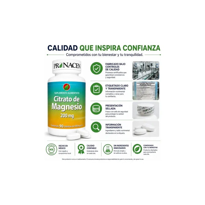 Citrato Magnesio Pronacen Tabletas 200 Suplemento Alimenticio 500 Presentacion Frasco