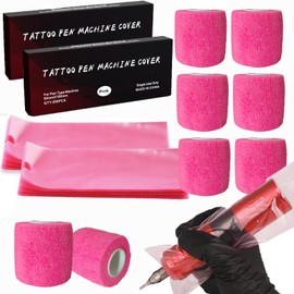 Large Machine Pen Covers with Grip Tapes, Urknall 400pcs Large Tattoo Pen Covers with 6pcs Tattoo Grip Tapes Kit Protective Set Tattoo Pen Sleeves Disposable Grip Tapes（Pink)