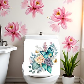Colorful Toilet Stickers, Peony Butterflies Bathroom Toilets Seat Lid Cover Decals Waterproof Self-Adhesive Wall Sticker for Bathroom Decor Buttefly Toilet Lid Decals,Toilet Accessories