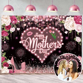 Happy Mother's Day Backdrop for Photography 7x5FT Pink Flowers Love Heart Thanks Mother Banner Background Mothers Day Party Decorations Supplies Photo Props