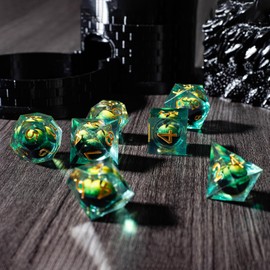 Premium Resin DND dice Set - Liquid core and Dragon Eyes - 7 Piece Sharp Edge RPG Game Accessories Including d4 d6 d8 d10 d% d12 d20 in Black Metal Box for Dungeon Masters and Beginners