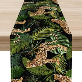 Leopard Print Table Runner, Rustic Tropical Palm Leaf Jungle Woodland Animals Cheetah Wildlife Farmhouse Table Center Decor for Home Kitchen Dining Patio Holiday Party Decorations, 13"x90" Inch