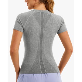 Stelle Women Workout Tops Short Sleeve Seamless Athletic Shirts Yoga Gym Sports Breathable Tees(Grey,L)