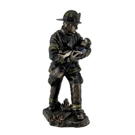 Resin Statues Firefighter Carrying Child Metallic Bronze Statue 11 Inches Tall 5 X 11 X 4.5 Inches Bronze