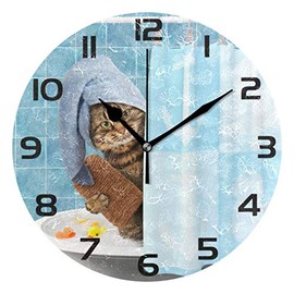 Qilmy Bathing Cat Wall Clock Silent Non Ticking Oil Painting Round Clock for Living Room Bedroom Bathroom Home Decor