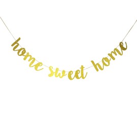 Starsgarden Glitter Gold Home Sweet Home Banner for Housewarming Patriotic Military Decoration Family Party Supplies Cursive Bunting Photo Booth Props Sign(Gold Sweet Home)