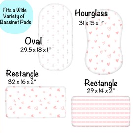 Cambria Baby 100% Organic Cotton Jersey Fitted Bassinet Sheets. Adapts to Oval, Hourglass & Rectangle Shaped Bassinet Pads. Pink/White Tulips, Hearts & Stripes Patterns. 3 Pack