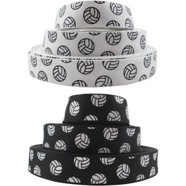 2 Roll White and Black Sports Ball Ribbons - Volleyball Pattern Wired Gift Wrapping Ribbon for Party Decoration, Team Hair Bows, and Craft Supplies