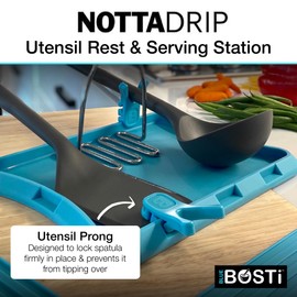 Blue Bosti Nottadrip Silicone Spoon Rest for Stove Top - Kitchen Spoon Rest for Countertop, Ladle Holder, All in 1 Serving Station, Elevate Handles, Drip to Tray, Mess Free - 3PC Set No Trivet - Blue