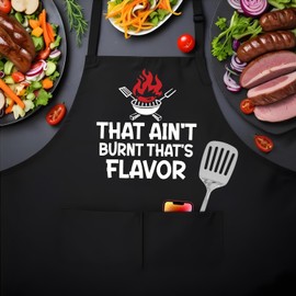 DLTRXMY That's Ain't Burnt That's Flavor,Funny Chef Apron,Funny Aprons for Women Men with 2 Tool Pockets,Waterproof and OilProof,BBQ Lover Gifts,Fun BBQ Baking Grilling Kitchen Apron