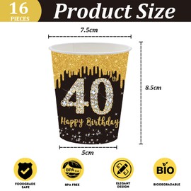 Black Gold 40th Birthday Paper Cups Party Supplies Disposable Tableware Set Black Gold Disposable Paper Cups for All Occasions (Pack of 16)