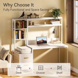 LITTLE TREE White Computer Desk with Drawers and Hutch, 55" Gaming Desk with Storage Shelves, Modern Wooden Study Writing Desk for Bedroom Home Office