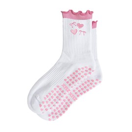 Puedizux Women Cute Pilates Socks Grip Crew Yoga Socks Ruffle Cuff Embroidery Pattern Workout Ballet Socks