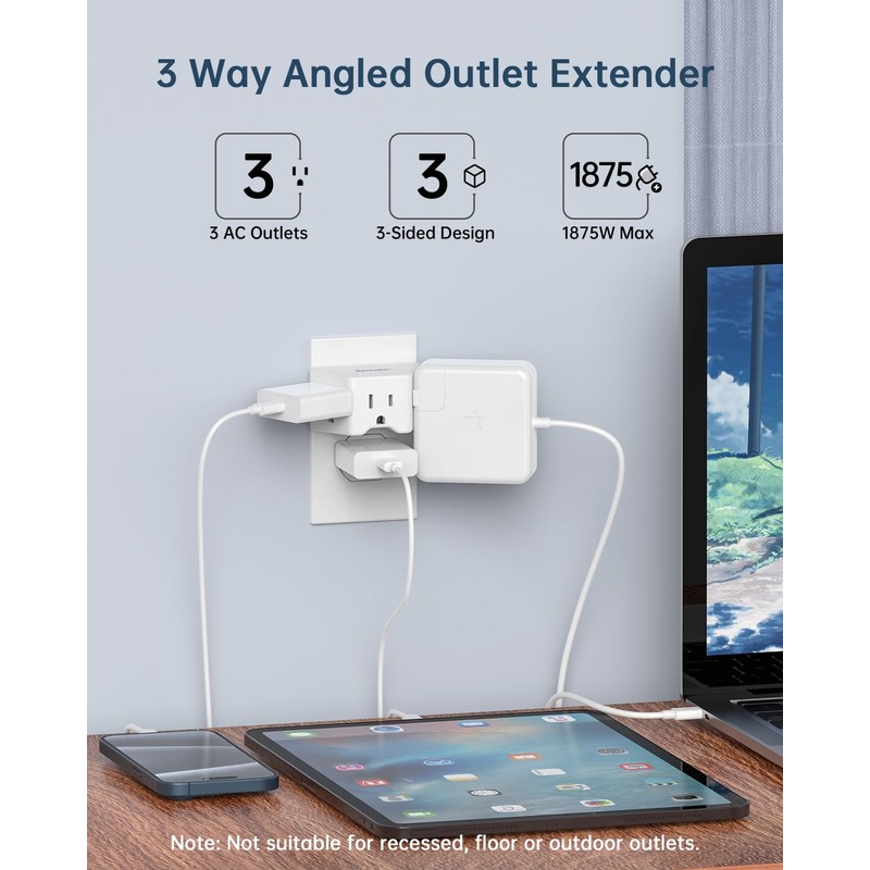 BEONDON Angled Outlet Extender, 3 Way Outlet Splitter, Plug Expander
