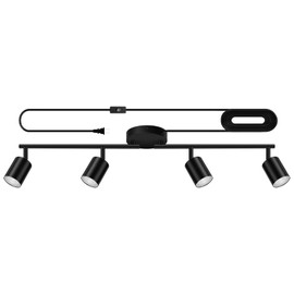 Plug in Track Lighting LED, Track Lighting Fixtures Ceiling, Black 4-Light Kitchen Light Kit, Plug in Wall Light with 14.8ft Power Cord, Rotatable Ceiling Spotlight for Bedroom(GU10 Socket, NO Bulb)