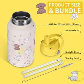 Goetland 20 oz Insulated Water Bottle with Straw Lid Stainless Steel Cute Dog Cat Pattern UV Printed Vacuum Double Wall Leakproof Wide Mouth for Kids Girls Women Yellow