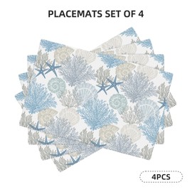 VIGGINER Nautical Starfish Placemats Set of 4 Beach Ocean Seashell Coastal Summer Linen Washable Placemat Coral Reef Kitchen Dining Heat-Resistant Place Mats Desktop Decor Table Mats 12x18 Inch