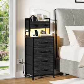 REAHOME 41 Inch Tall Nightstand with Charging Station, LED Night Stand with 6 Fabric Drawers, Bed Side Table with 3-Tier Wood Storage Shelves for Bedroom, Office, Small Spaces, Black Wood Grain