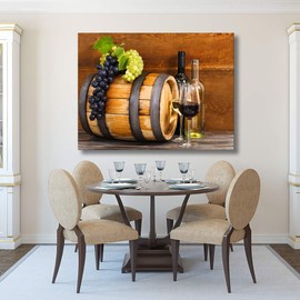 Looife Kitchen Wine Bottle Canvas Wall Art, 18x12 Inch Gallery Wrapped Vintage Wine Bottle and Oak Barrel with Wood Background Picture Prints Wall Decor, Modern Art Deco for Dining Room and Bar