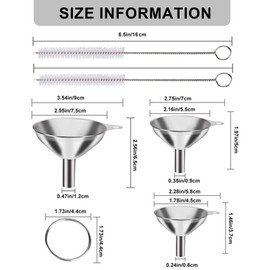 Stainless Steel Funnel - ShiningUU Set of 6 Small Kitchen Funnels in 3 size for Filling Bottles/Jars/Kitchen Use, with 4 Cleaning Brushes, Kitchen Funnel for Liquids, Powders, Oils, Spices, Jam