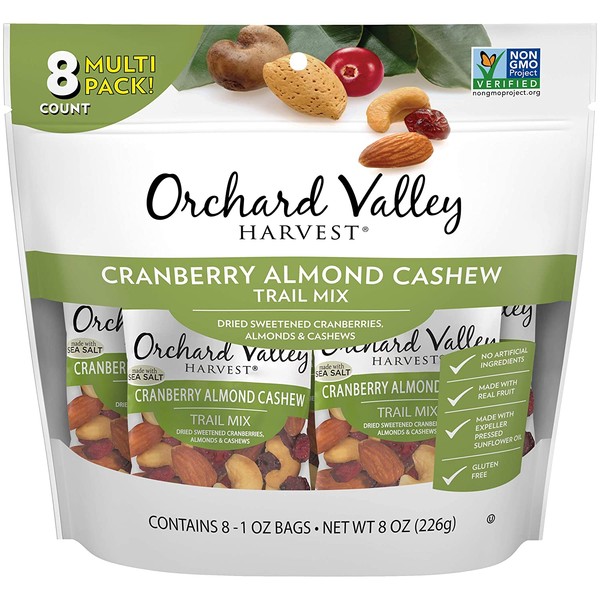 ORCHARD VALLEY HARVEST Cranberry Almond Cashew Trail Mix, 1 oz (Pack of 8), Non-GMO, No Artificial Ingredients