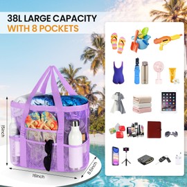Beach Bag - Large Beach Bags for Women, Mesh Tote Bag with Multi Functional Pockets for Family Travel/Vacation/Swimming Gym/Storage, Purple
