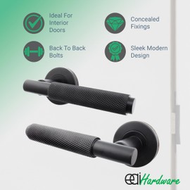 EAI Black Door Handle Latch Set | Round Knurled Door Handles, Latch (66mm), Hinges (76mm) | Matt Black Lever On Rose | Dolton Range