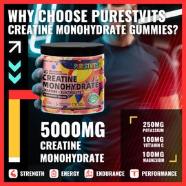 PURESTVITS Creatine Monohydrate Gummies (5g) – Pre-Workout Energy & Muscle Growth Support for Men & Women | Strawberry Orange Electrolyte Gummies (135 Count)