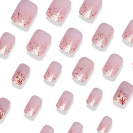 Vopintpy Glitter Maple Leaf Press on Nails Thanksgiving Fake Nails Short Square Glossy Glue on Nails Autumn Maple Leaves Acrylic Nails Reusable Full Cover Fall Stick on Nails for Women DIY Manicure