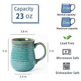 masoline 23 oz Large Ceramic Coffee Mugs, Handmade Cup with Large Handle, Big Tea and Coffee Cups for Office and Home, Microwave and Dishwasher Safe (Crystal Green)