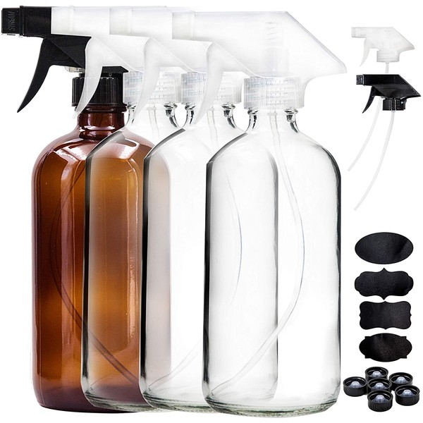 Youngever 4 Pack Empty Glass Spray Bottle, 16 Ounce Clear Glass Spray Bottle (3 Pack), 16 Ounce Amber Glass Spray Bottles for Essential Oils (1 Pack), with Extra Durable Trigger Sprayers