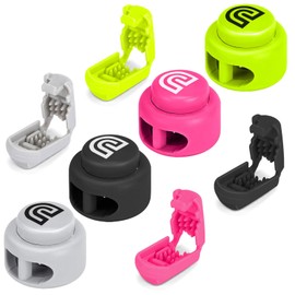 DIFFWAY Nylon Cord Locks for No Tie Shoelaces - 32Pcs, Two Hole Heavy Duty Spring Toggle Stoppers with End Clips Fastener for Drawstrings (Black-Grey-Yellow-Pink - 32Pcs)