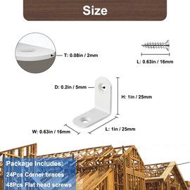 24 Pack White 1 Inch L Bracket Stainless Steel Corner Braces, 25x25MM 90 Degree Joint Right Angle Brackets for Wood Shelves, Cabinet, Frame, with Screws