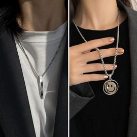 Harsever Men's Necklace, Popular Accessory, Individuality, Trend, Stainless Steel, Alloy, Titanium Steel, Silver, Simple, Fashion, Easy, Fashion, Cool, Birthday Gift, Cool, Men's Memorial Necklace