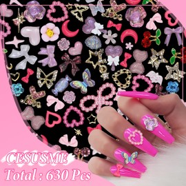 Butterfly Flower 3D Nail Charms, 630 Pcs Assorted Alloy Butterfly Heart Crown Star Dangle Nail Gems Charms, Flower Bow Pearls Acrylic Nail Art Charms, Rivet Nails Art Charms for Nail Design DIY