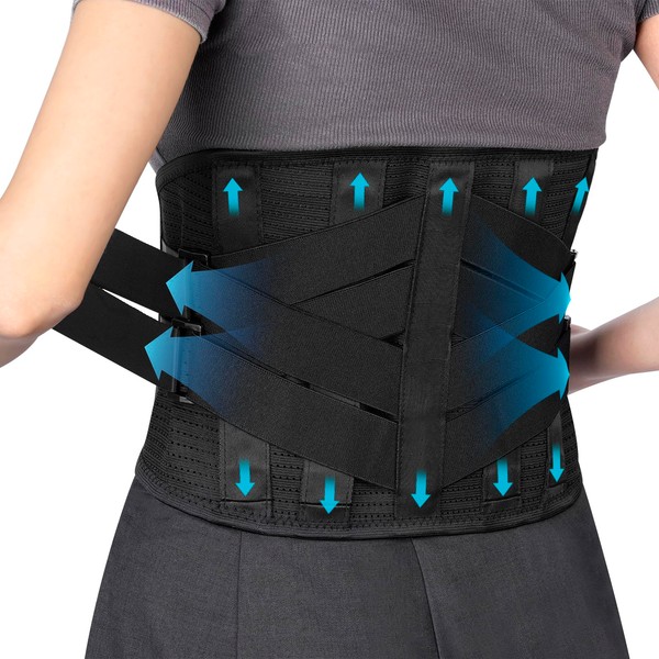 Back Support Belt for Men and Women, Breathable Back Brace with Metal Struts, Back Strap, Back Support, Lumbar Support for Heavy Lifting and Sciatica Pain Relief (Black, S-M)