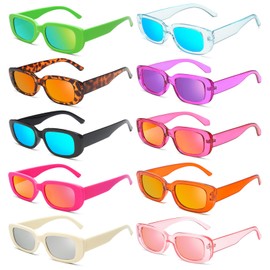 Matcheck 10 Pack Rectangle Sunglasses for Women Retro Mirrored Lenses Glasses 90's Vintage Narrow Square Frame UV400 Mixed Color