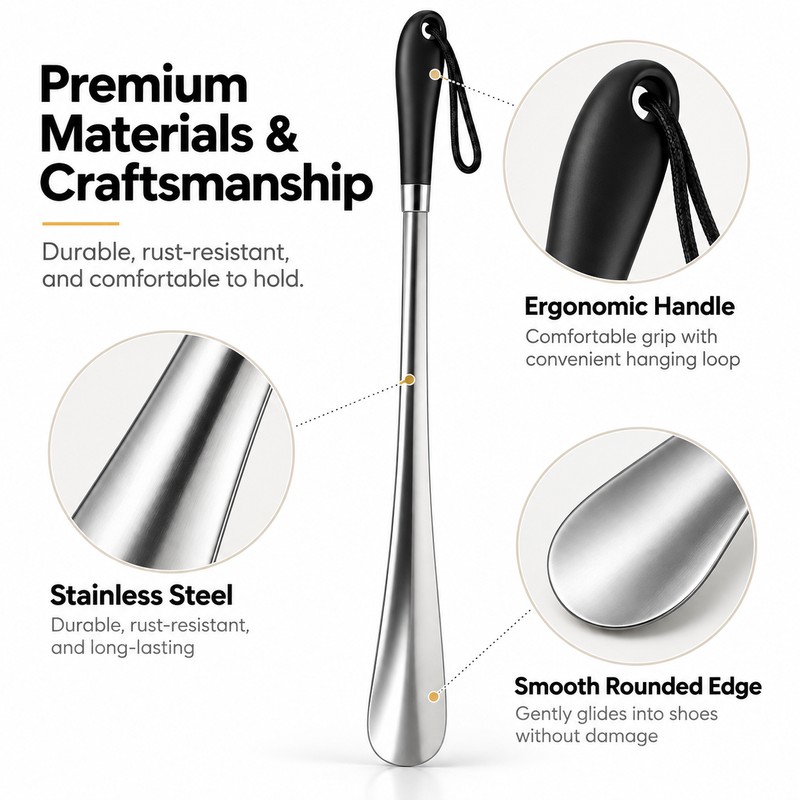 16.5-Inch Stainless Steel Shoe Horns, 2-Pack Long Handle Shoe Helpers