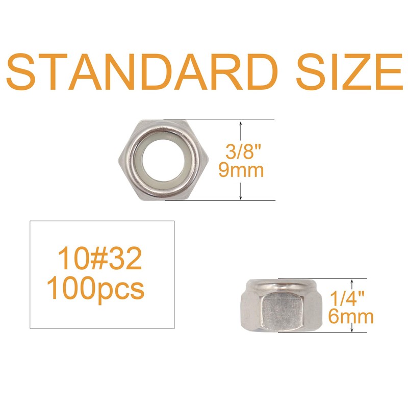 BinifiMux 100pcs 10-32 Nylon Inserted Lock Nuts - 304 Stainless