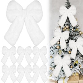 Janinka 6 Pcs Large White Christmas Bow Ornaments 13.4x9.1 Inch Big Plush Faux Fur Bow Decorations Furry Xmas Tree Topper for Wreath Door Window Fireplace Staircase Decor