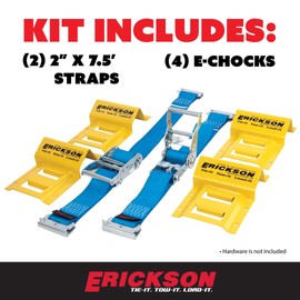 Erickson Wheel Chock Tie-Down Kit, 2 in x 7.5 ft, Double Slotted E-Fitting, Fits 10 in-30 in Tires, 1500 lb Ratchet Straps - Secures ATV, UTV, SxS, Mower & More