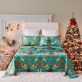 Usfivefam Teal Blue Floral Bed Sheets Queen, Bohemian Luxury Pattern Bedding with Botanical Prints, 4 Piece Soft Microfiber Deep Pocket Vintage Sheets Set