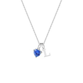 Tibond Silver Initial Necklace for Women Girls, Dainty Blue Heart Birthstone Jewellery Simple Necklace Gifts for Friendship Sister Daughter Mum Colleague on Birthday Christmas (L)